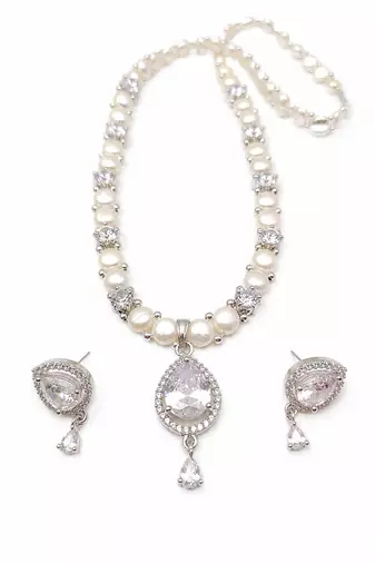 Pearl & crystal teardrop bridal jewellery set, cz stone pendant, drop earrings included, silver-tone finish, freshwater.
