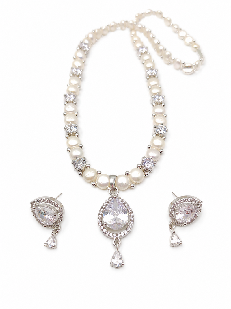 Pearl & crystal teardrop bridal jewellery set, cz stone pendant, drop earrings included, silver-tone finish, freshwater.
