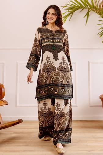 Women's dark brown rayon printed kurti set with palazzo