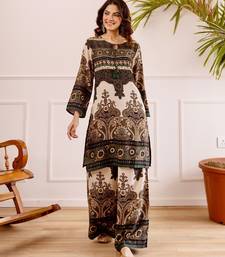 Women's dark brown rayon printed kurti set with palazzo