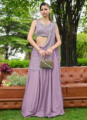 Pink zari sequence beads embroidery work half sarees for women's 1