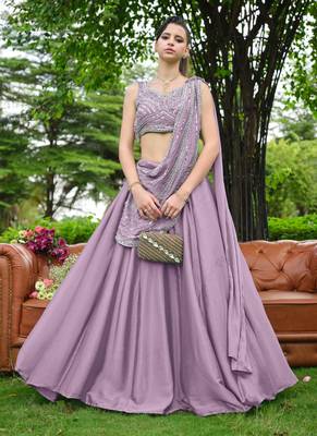 Pink zari sequence beads embroidery work half sarees for women's 2