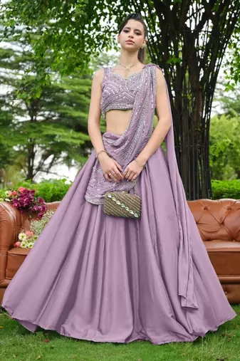 Pink zari sequence beads embroidery work half sarees for women's