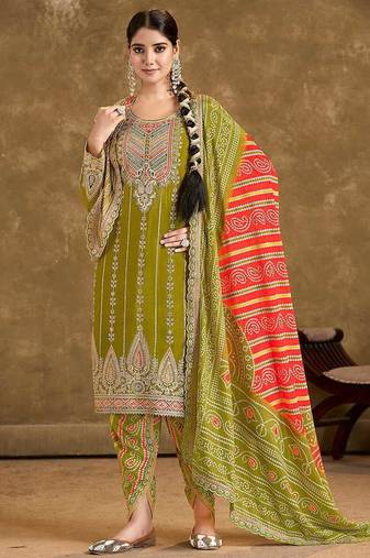 Olive green faux chinon embroidered readymade salwar kameez