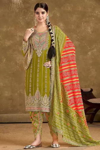 Olive green faux chinon embroidered readymade salwar kameez