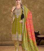 Olive green faux chinon embroidered readymade salwar kameez