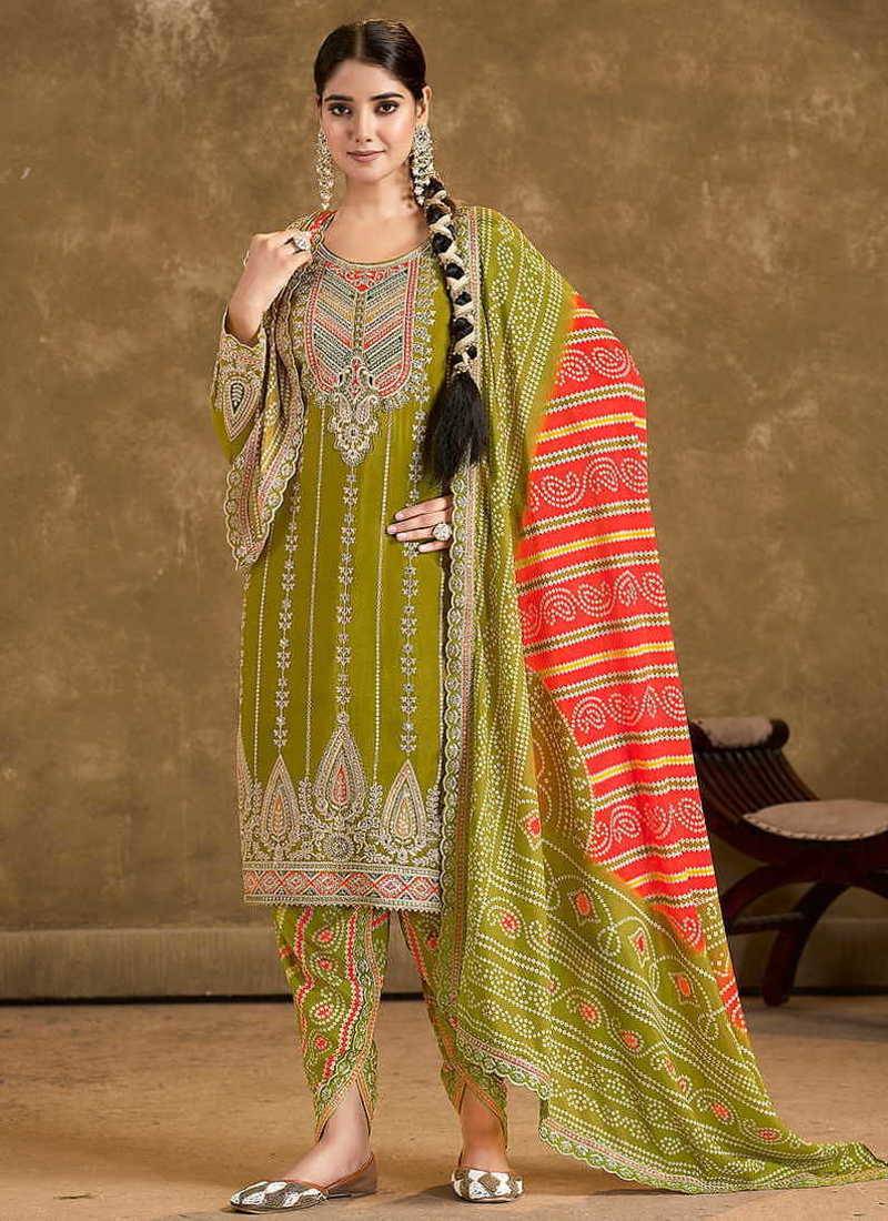 Olive green faux chinon embroidered readymade salwar kameez
