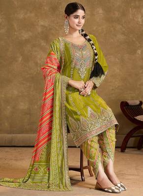 Olive green faux chinon embroidered readymade salwar kameez 5