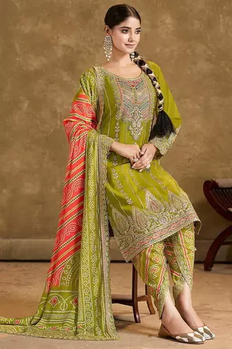 Olive green faux chinon embroidered readymade salwar kameez