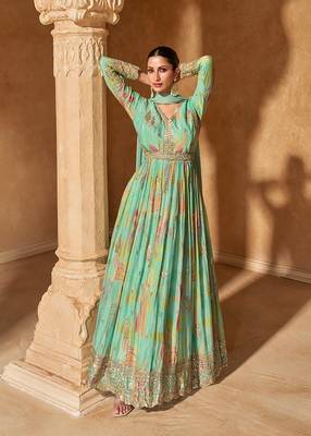 Turquoise faux chinon embroidered readymade gown with dupatta 1