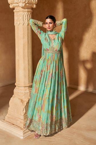 Turquoise faux chinon embroidered readymade gown with dupatta