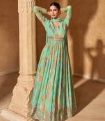 Turquoise faux chinon embroidered readymade gown with dupatta