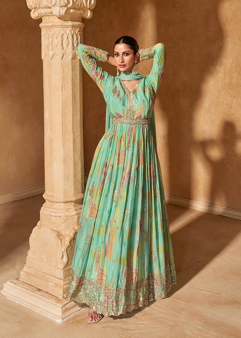 Turquoise faux chinon embroidered readymade gown with dupatta