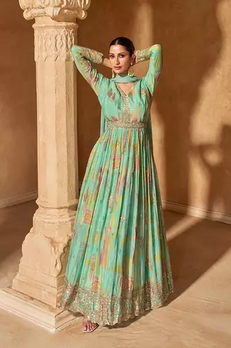 Turquoise faux chinon embroidered readymade gown with dupatta