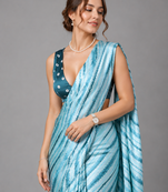 Blue printed satin saree with blouse