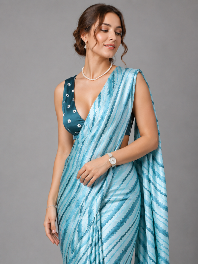 Blue printed satin saree with blouse