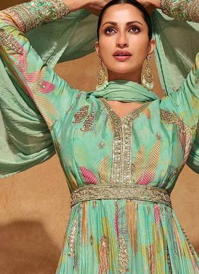Turquoise faux chinon embroidered readymade gown with dupatta 4