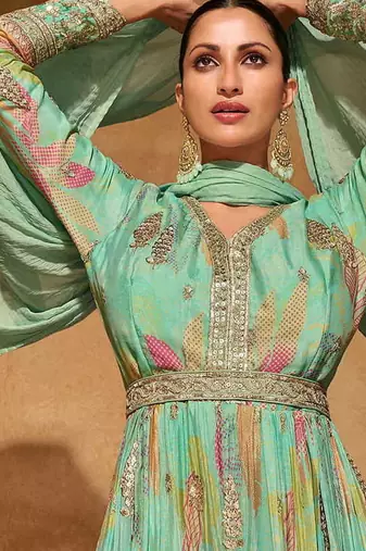 Turquoise faux chinon embroidered readymade gown with dupatta