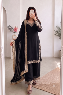 Women black embroidered straight kurti with pant & dupatta set 1