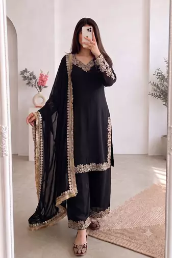 Women black embroidered straight kurti with pant & dupatta set