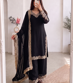 Women black embroidered straight kurti with pant & dupatta set