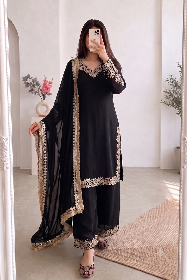Women black embroidered straight kurti with pant & dupatta set