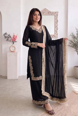 Women black embroidered straight kurti with pant & dupatta set 2