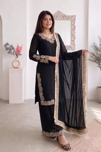 Women black embroidered straight kurti with pant & dupatta set