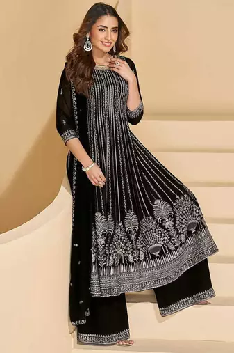 Black faux georgette embroidered readymade salwar kameez