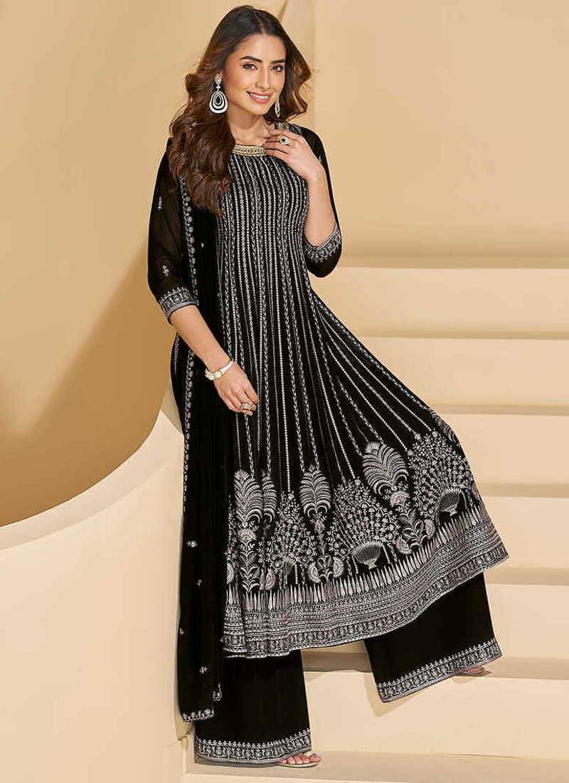 Black faux georgette embroidered readymade salwar kameez