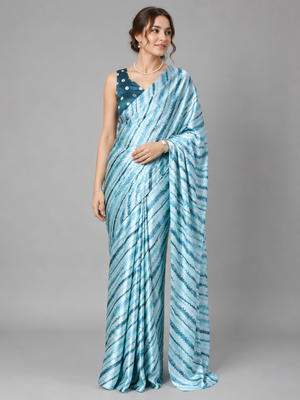 Blue printed satin saree with blouse 2