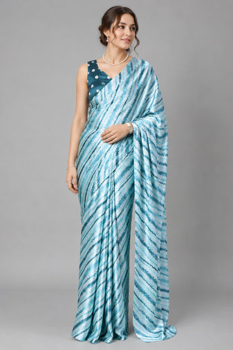 Blue printed satin saree with blouse