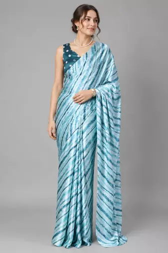 Blue printed satin saree with blouse