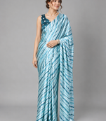 Blue printed satin saree with blouse