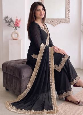Women black embroidered straight kurti with pant & dupatta set 3