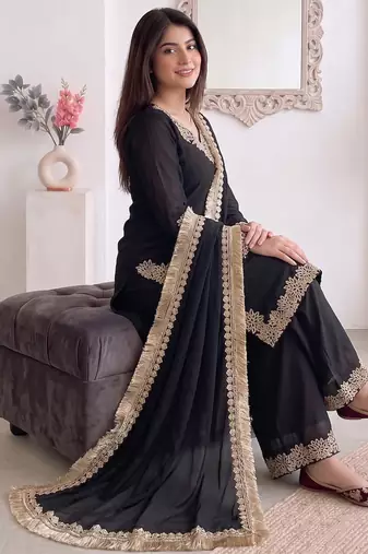 Women black embroidered straight kurti with pant & dupatta set