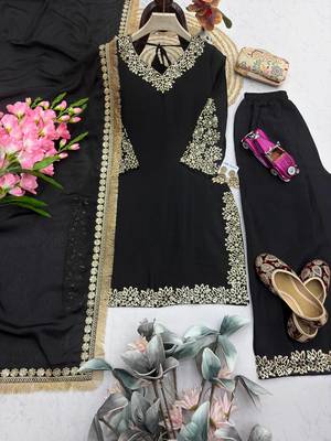 Women black embroidered straight kurti with pant & dupatta set 4