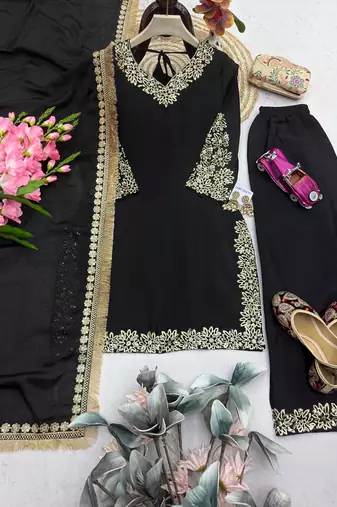 Women black embroidered straight kurti with pant & dupatta set