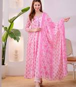 Floral Embroidered Pure Cotton V Neck Kurta Trouser & Dupatta Set