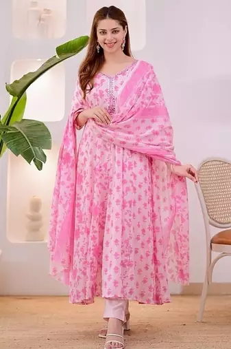 Floral Embroidered Pure Cotton V Neck Kurta Trouser & Dupatta Set