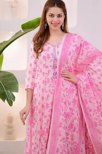 Floral Embroidered Pure Cotton V Neck Kurta Trouser & Dupatta Set