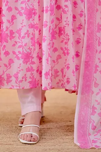 Floral Embroidered Pure Cotton V Neck Kurta Trouser & Dupatta Set