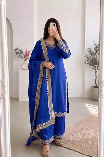 Women blue embroidered straight kurti with pant & dupatta set