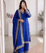 Women blue embroidered straight kurti with pant & dupatta set