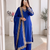 Women blue embroidered straight kurti with pant & dupatta set