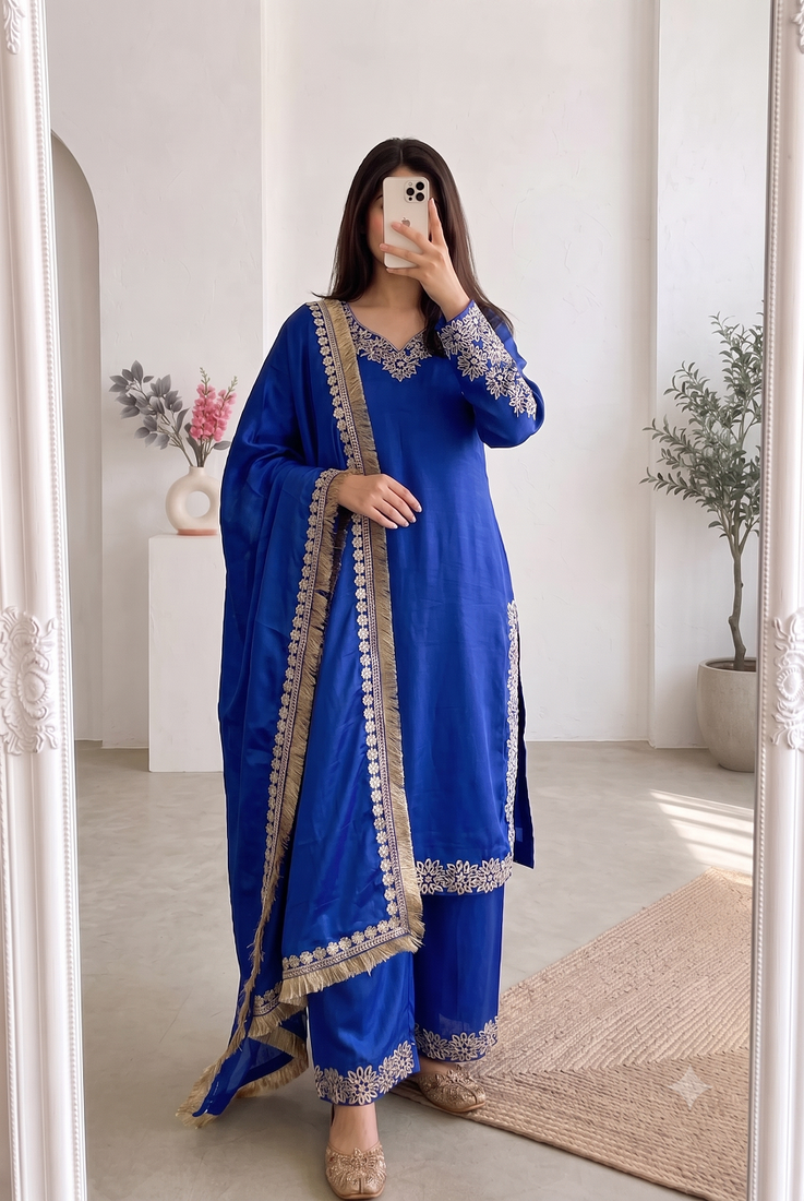 Women blue embroidered straight kurti with pant & dupatta set