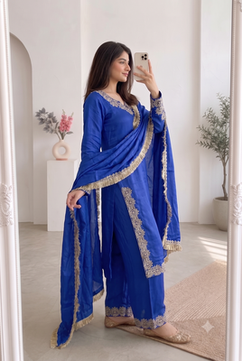 Women blue embroidered straight kurti with pant & dupatta set 2