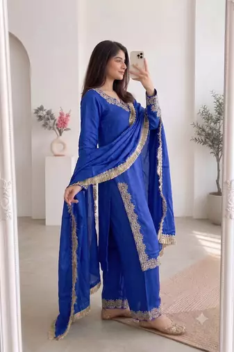Women blue embroidered straight kurti with pant & dupatta set