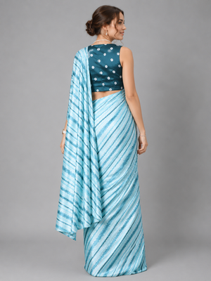 Blue printed satin saree with blouse 3