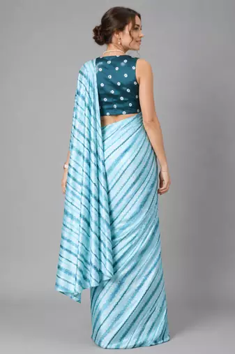 Blue printed satin saree with blouse